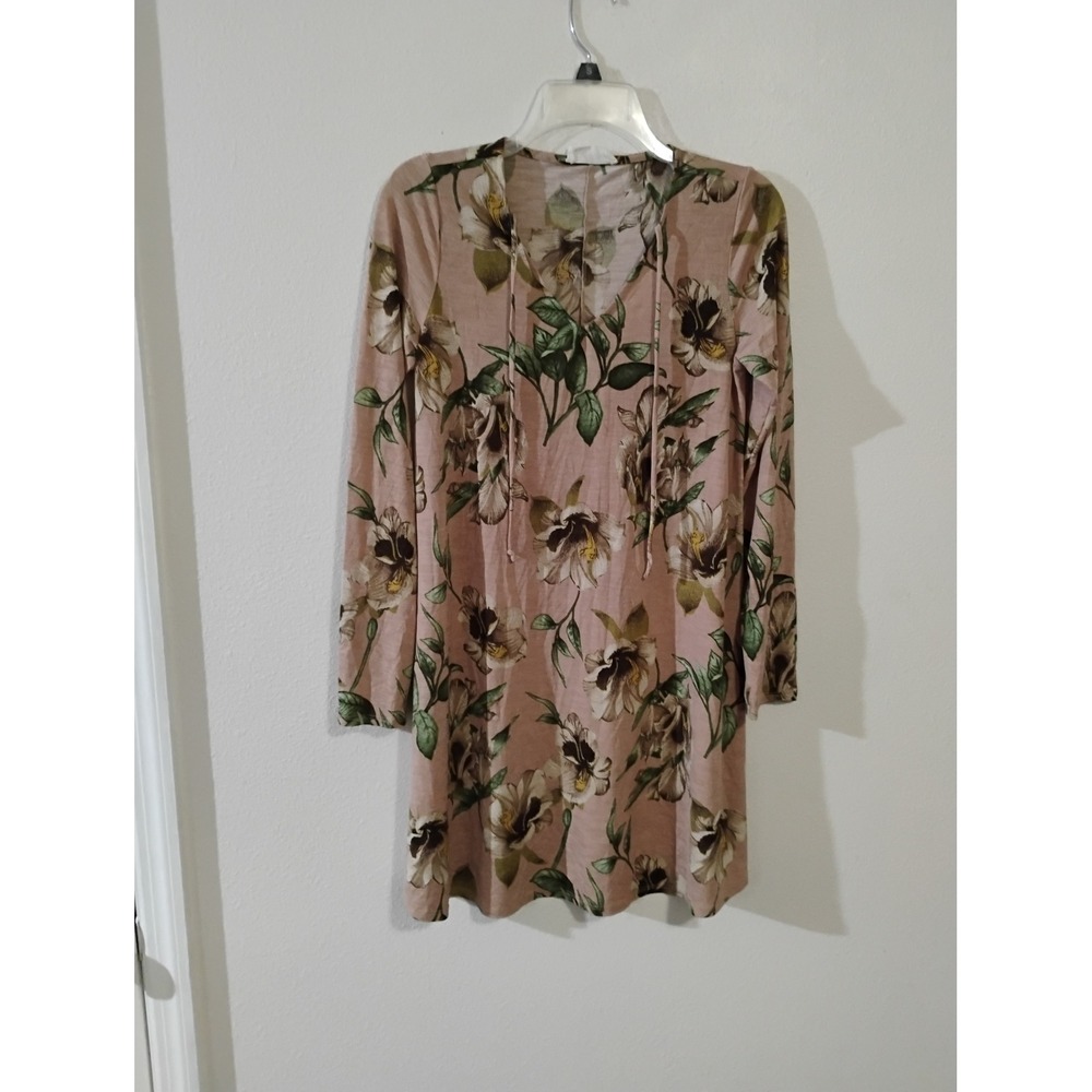 Peach Love California Floral Long Sleeve V-Neck Tie Tunic Dress Pink Small
